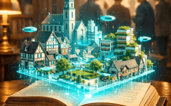 In einem alten Buch entsteht als Hologramm die Vision einer modernen Stadt - ini Anspielung an die Zukunftsworkshops der Phantastischen Bibliothek Wetzlar
