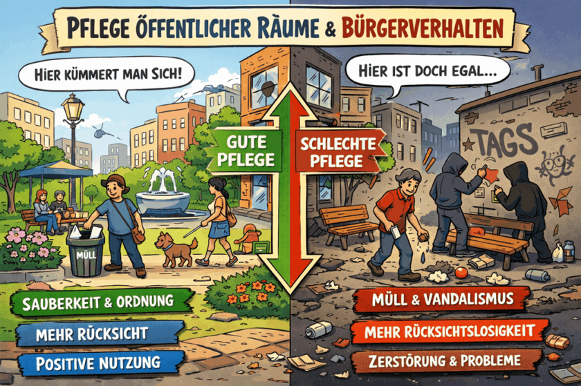 KI generiertes Bild zum Zusammenhang zwischen der Pflege öffentlicher Räume und Bürgerverhalten