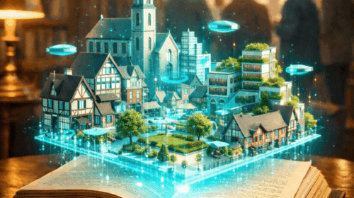 In einem alten Buch entsteht als Hologramm die Vision einer modernen Stadt - ini Anspielung an die Zukunftsworkshops der Phantastischen Bibliothek Wetzlar